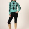 Women's aqua green and black geometric ruffle high-neck mid-length winter sweater top