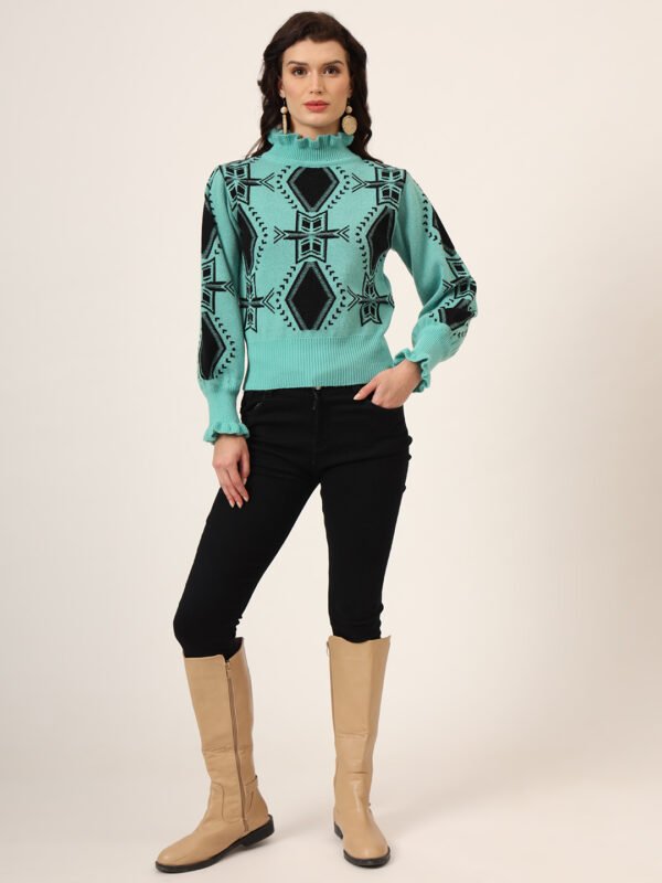 Women's aqua green and black geometric ruffle high-neck mid-length winter sweater top