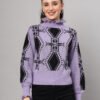 Women's lavender and black geometric ruffle high-neck mid-length winter sweater top