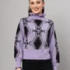 Women's lavender and black geometric ruffle high-neck mid-length winter sweater top Women's lavender and black geometric ruffle high-neck mid-length winter sweater top