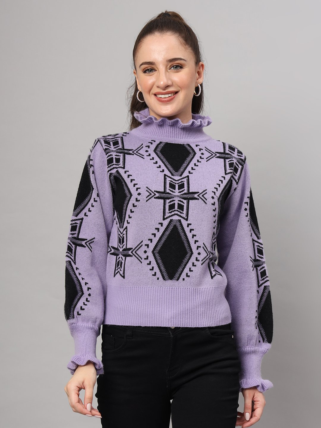 Women's lavender and black geometric ruffle high-neck mid-length winter sweater top