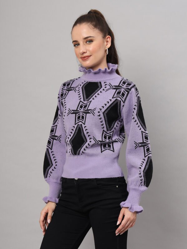 Lavender & Black High-Neck Short-Length Winter Sweater Top