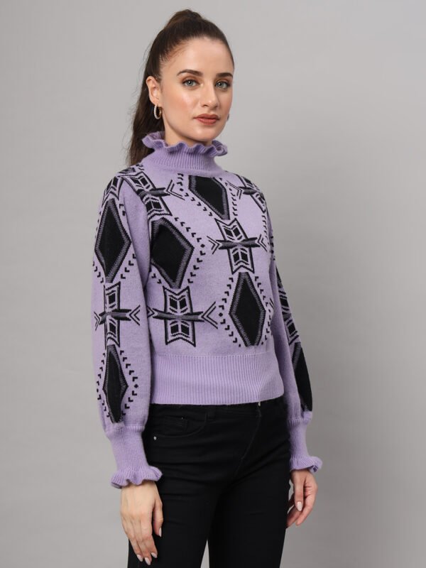 Lavender & Black High-Neck Short-Length Winter Sweater Top