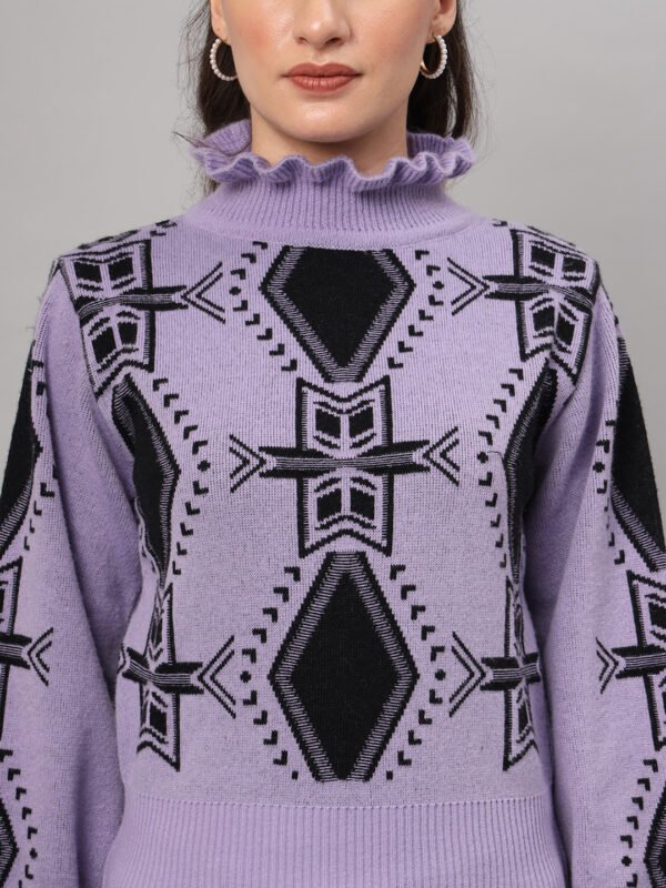 Lavender & Black High-Neck Short-Length Winter Sweater Top