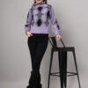 Women's lavender and black geometric ruffle high-neck mid-length winter sweater top