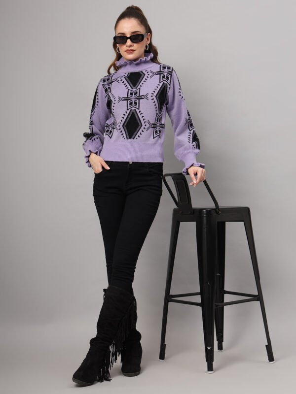 Women's lavender and black geometric ruffle high-neck mid-length winter sweater top