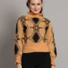 Women's mustard and black geometric ruffle high-neck mid-length winter sweater top Women's mustard and black geometric ruffle high-neck mid-length winter sweater top