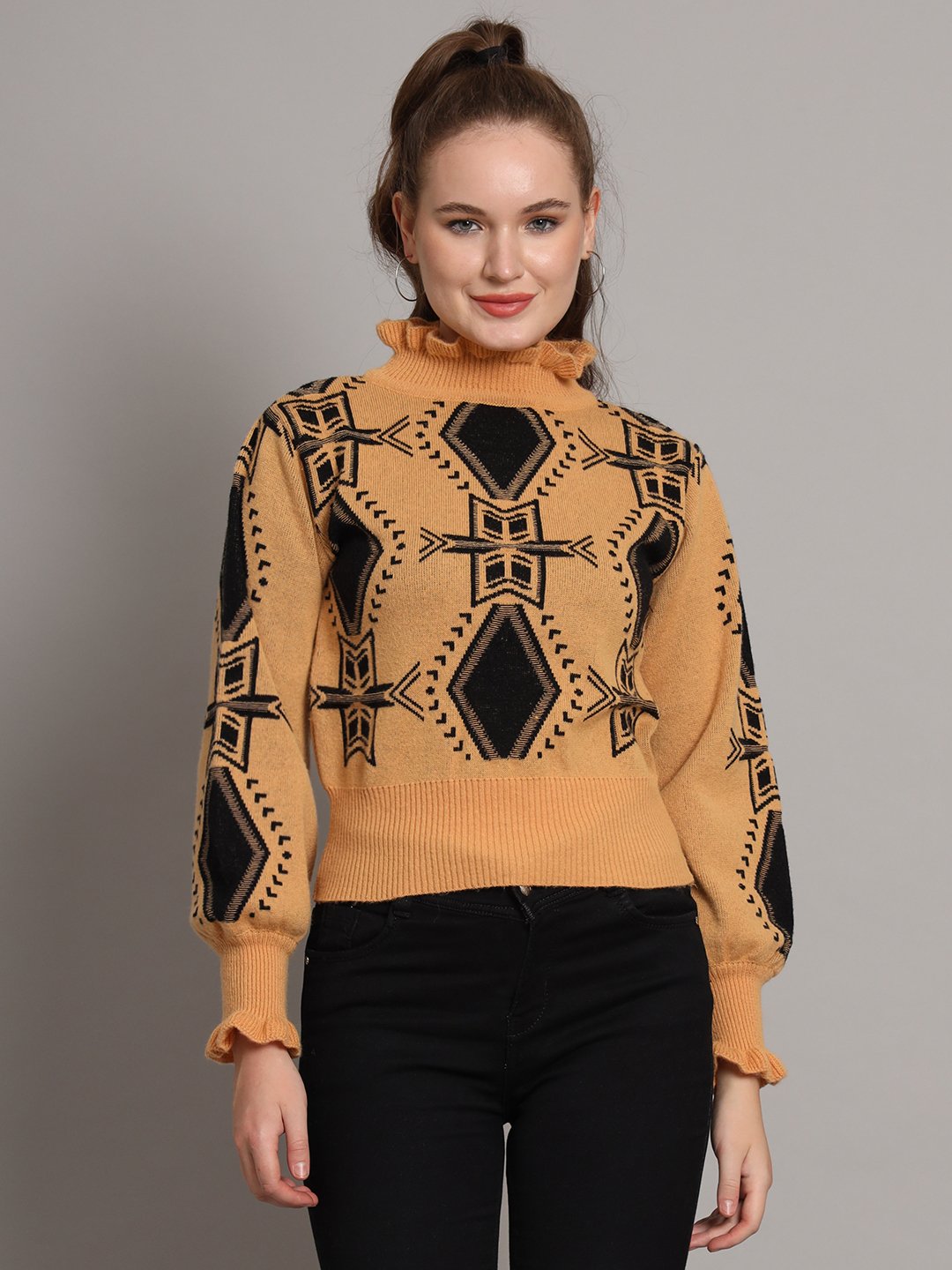 Women's mustard and black geometric ruffle high-neck mid-length winter sweater top