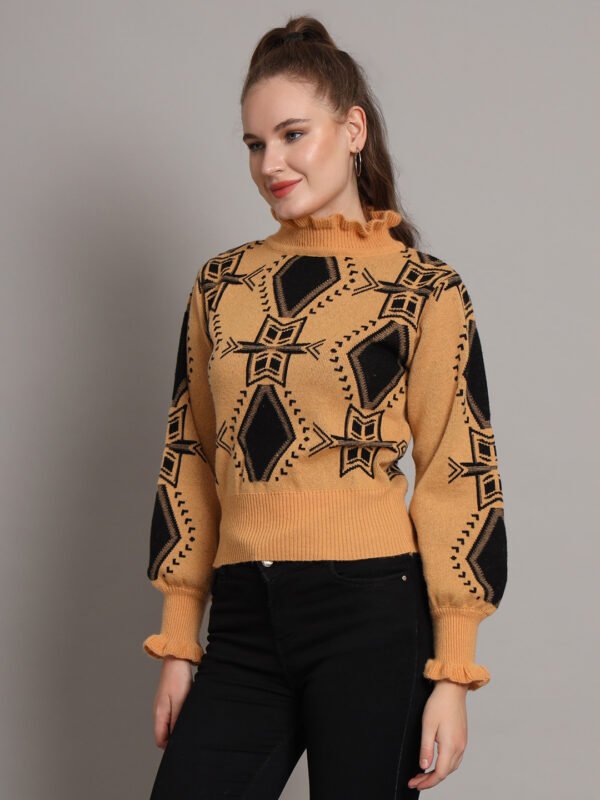 Mustard & Black High-Neck Short-Length Winter Sweater Top