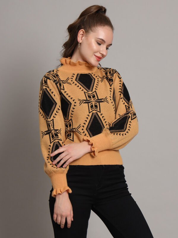Mustard & Black High-Neck Short-Length Winter Sweater Top