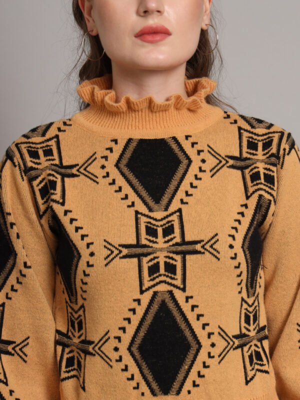 Mustard & Black High-Neck Short-Length Winter Sweater Top