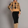 Women's mustard and black geometric ruffle high-neck mid-length winter sweater top