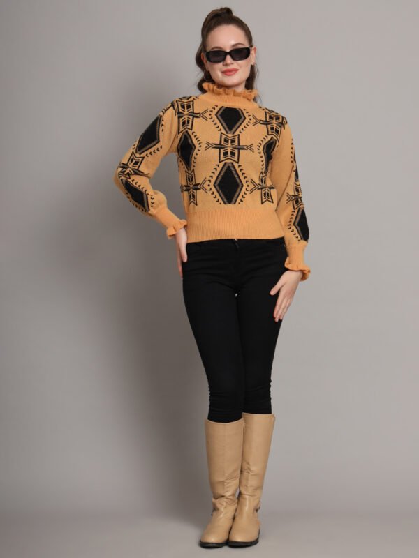 Women's mustard and black geometric ruffle high-neck mid-length winter sweater top