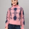 Women's pink and navy geometric ruffle high-neck mid-length winter sweater top