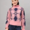 Women's pink and navy geometric ruffle high-neck mid-length winter sweater top Women's pink and navy geometric ruffle high-neck mid-length winter sweater top