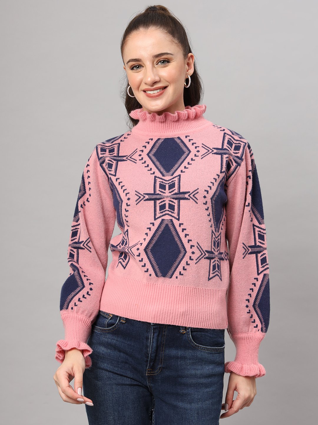 Women's pink and navy geometric ruffle high-neck mid-length winter sweater top