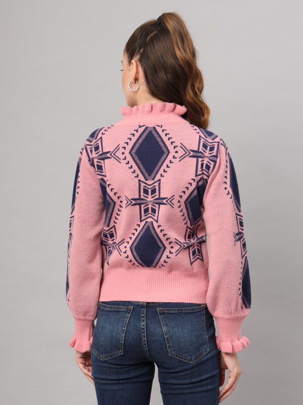 Pink & Navy High-Neck Mid-Length Winter Sweater Top