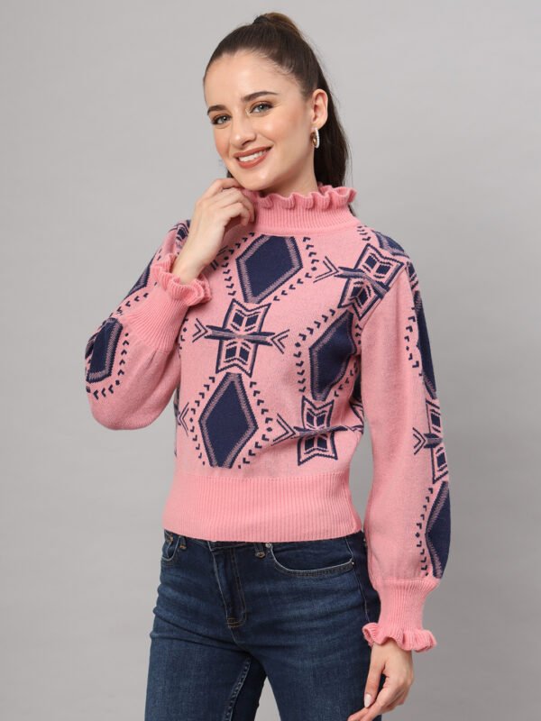 Pink & Navy High-Neck Mid-Length Winter Sweater Top