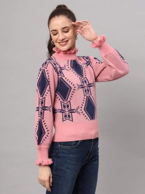 Pink & Navy High-Neck Mid-Length Winter Sweater Top