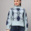 Women's sky blue and navy geometric ruffled high-neck mid-length winter sweater top