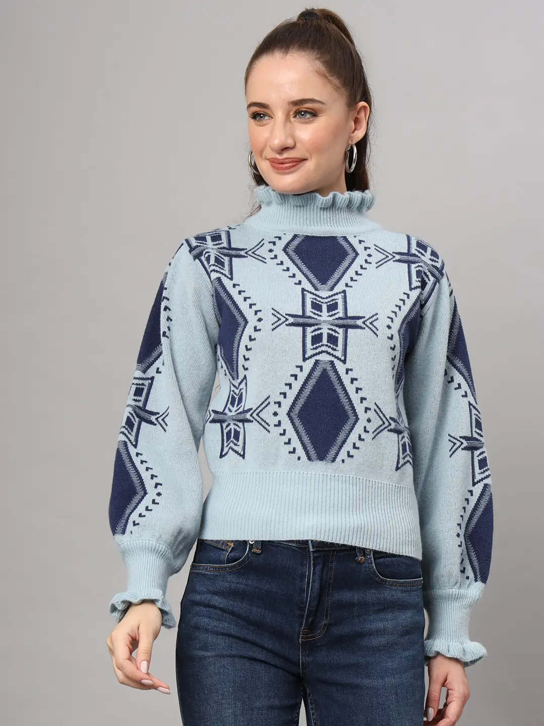 Women's sky blue and navy geometric ruffled high-neck mid-length winter sweater top