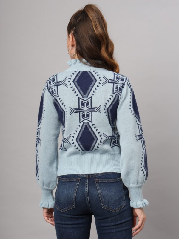 Sky Blue & Navy High-Neck Short-Length Winter Sweater Top