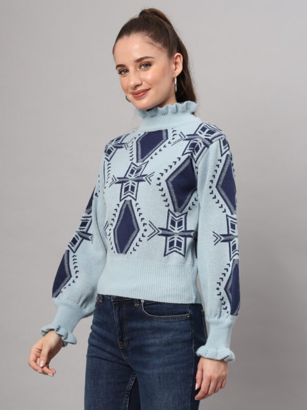 Sky Blue & Navy High-Neck Short-Length Winter Sweater Top