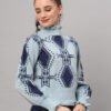 Sky Blue & Navy High-Neck Short-Length Winter Sweater Top