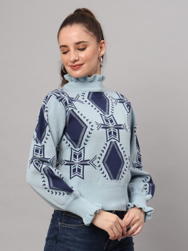 Sky Blue & Navy High-Neck Short-Length Winter Sweater Top