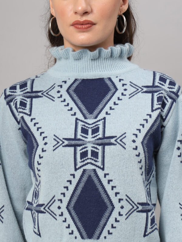 Sky Blue & Navy High-Neck Short-Length Winter Sweater Top