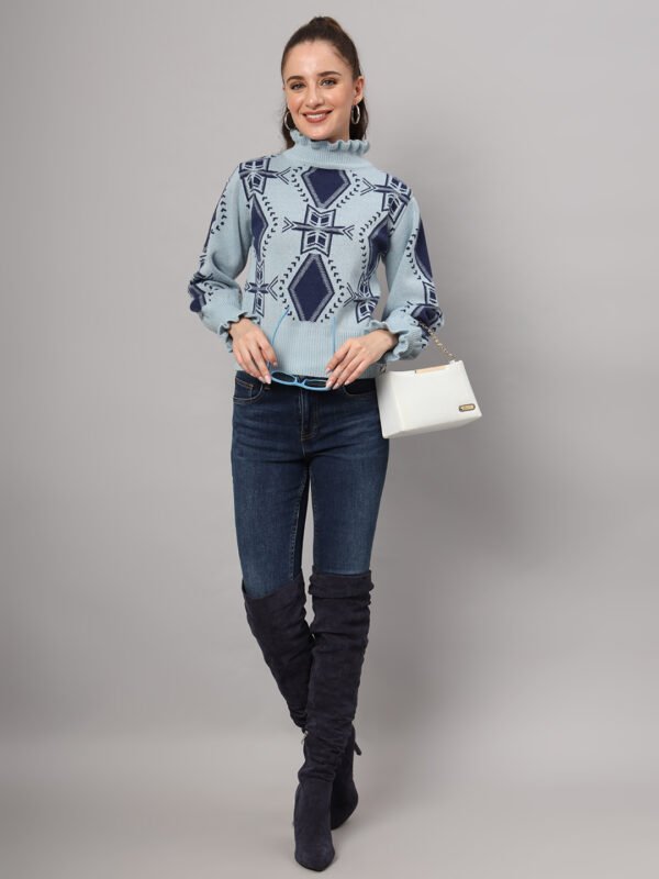 Sky Blue & Navy High-Neck Short-Length Winter Sweater Top