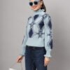 Women's sky blue and navy geometric ruffled high-neck mid-length winter sweater top