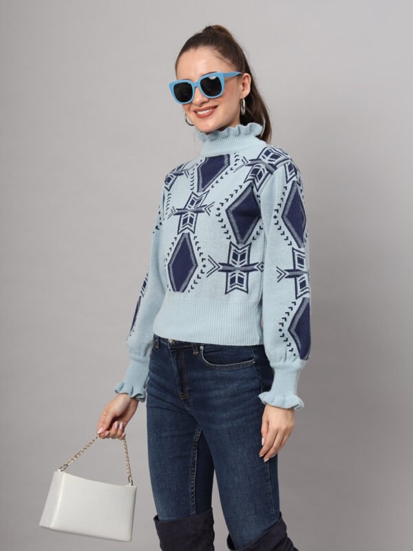 Women's sky blue and navy geometric ruffled high-neck mid-length winter sweater top