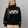 Women's black and white chevron pattern fuzzy knit short-length winter sweater top with long sleeves