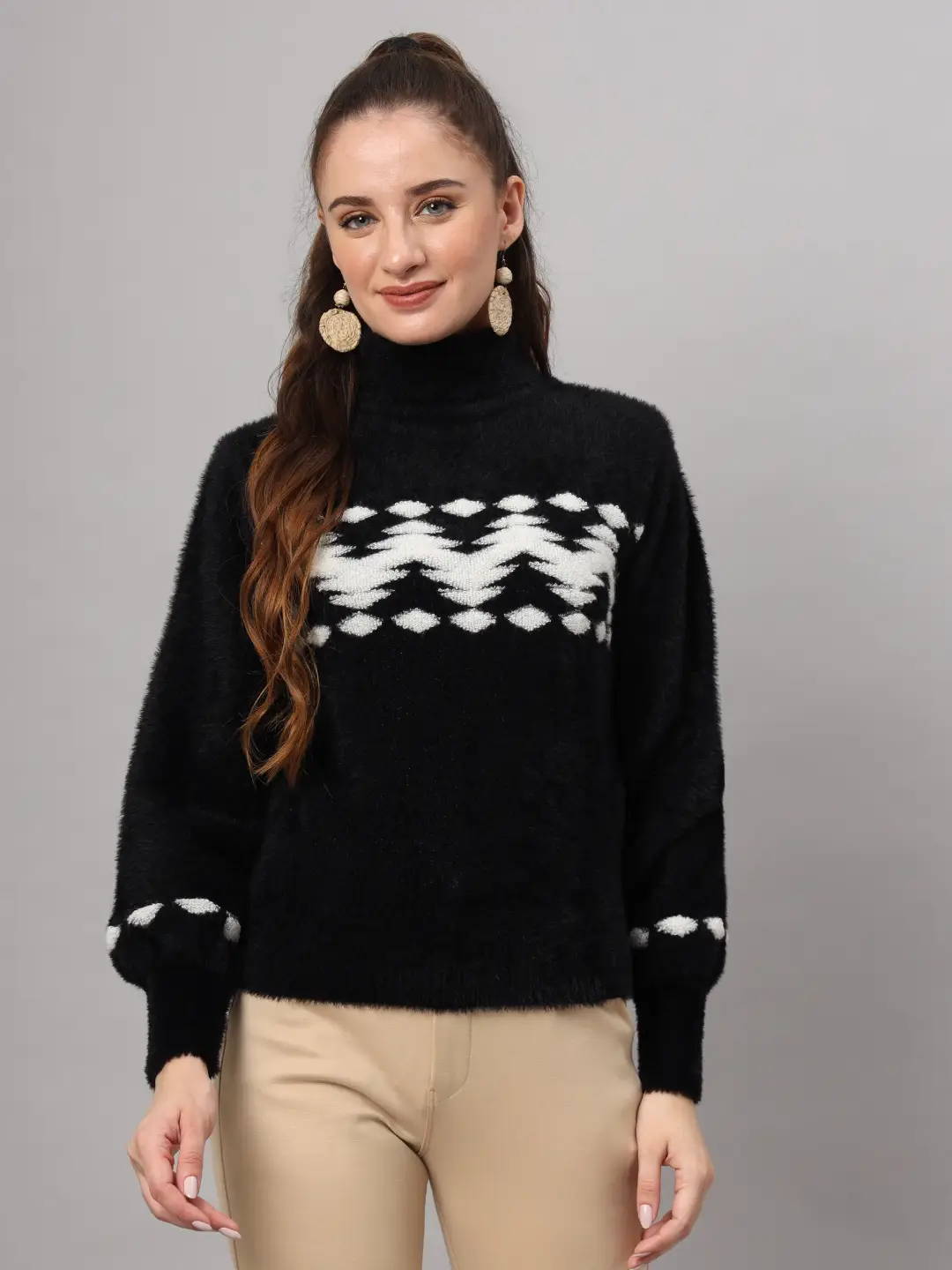Women's black and white chevron pattern fuzzy knit short-length winter sweater top with long sleeves
