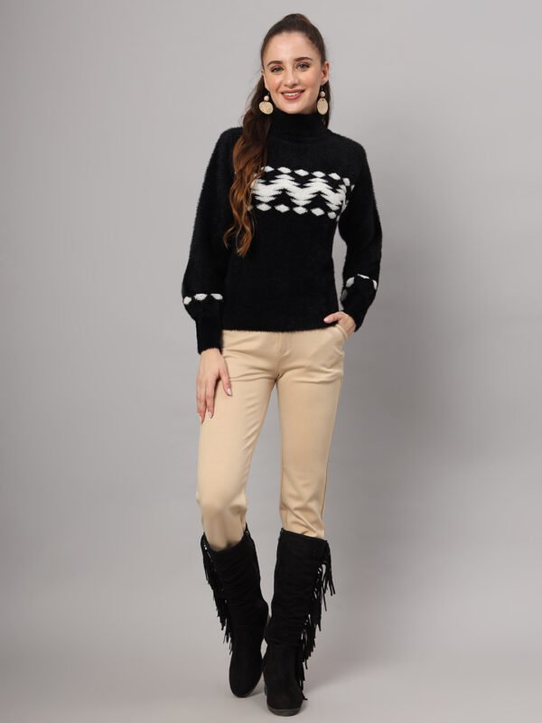 Women's black and white chevron pattern fuzzy knit short-length winter sweater top with long sleeves