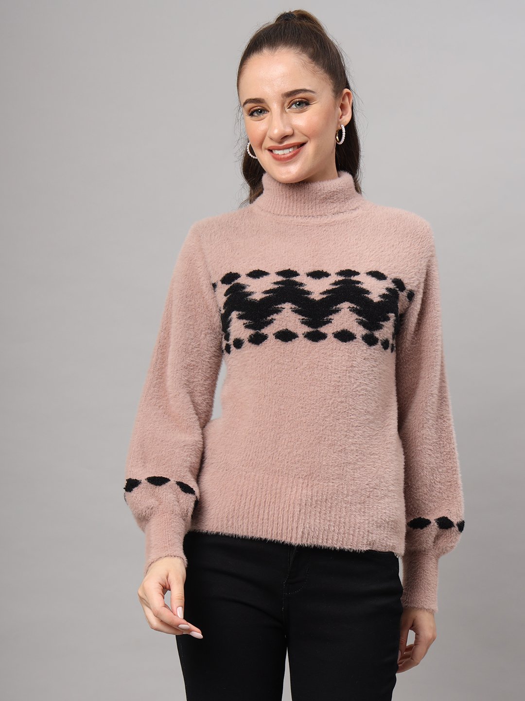 Dusty Mauve & Black Knit Short-Length Winter Sweater Top