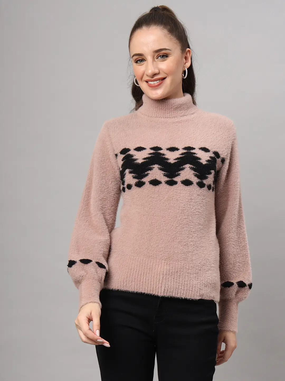 S6_MOUSE_01_1 Dusty Mauve & Black Knit Short-Length Winter Sweater Top