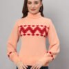 Women's peach and red fuzzy knit short-length winter sweater top with chevron pattern and high neckline