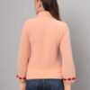 Women's peach and red fuzzy knit short-length winter sweater top with chevron pattern and high neckline