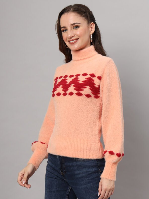 Peach & Red Chevron Knit Short-Length Winter Sweater Top