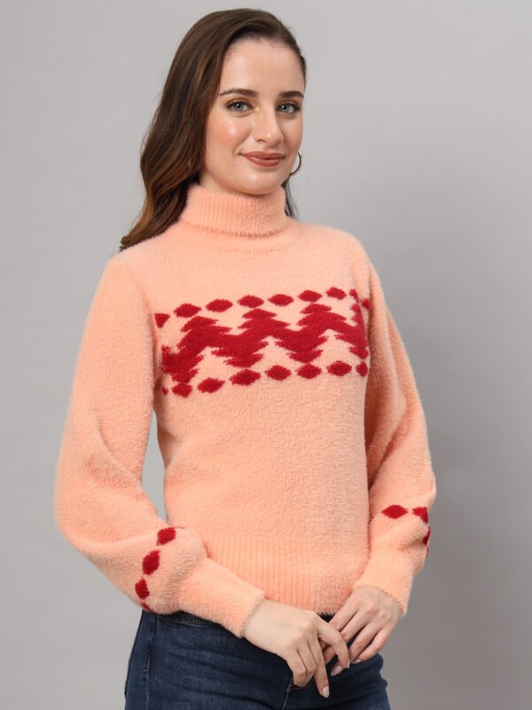 Peach & Red Chevron Knit Short-Length Winter Sweater Top
