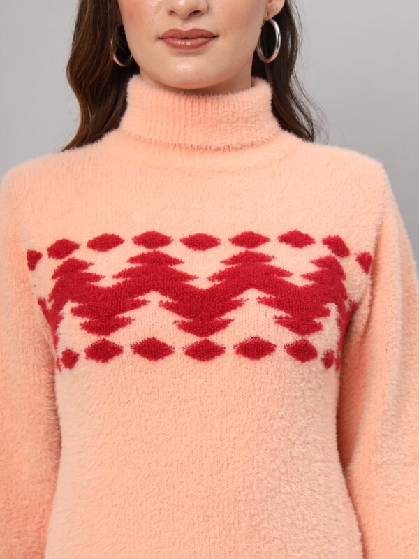 Peach & Red Chevron Knit Short-Length Winter Sweater Top