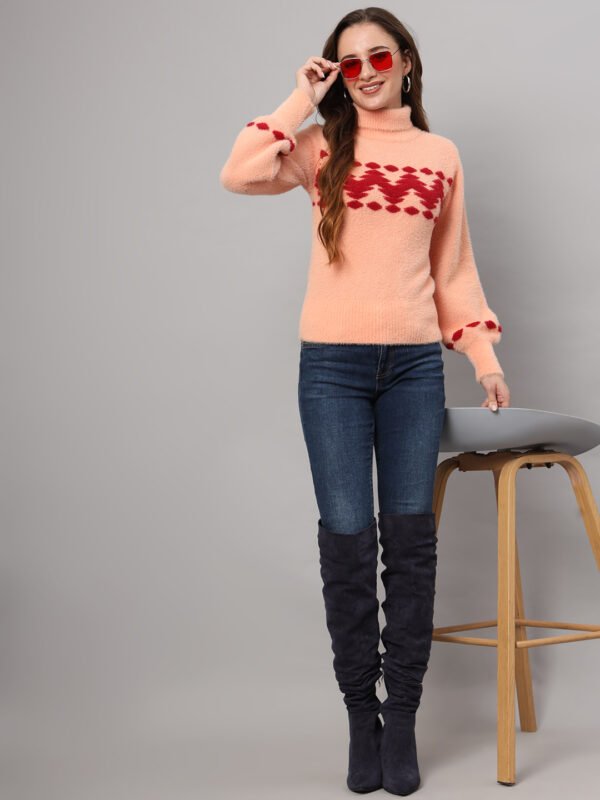Peach & Red Chevron Knit Short-Length Winter Sweater Top