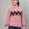 Women's pink and black chevron pattern fuzzy knit short-length winter sweater top with high neckline