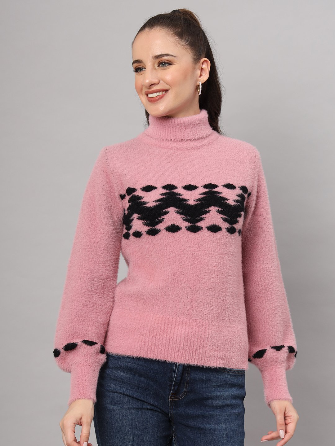 Women's pink and black chevron pattern fuzzy knit short-length winter sweater top with high neckline