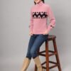 Women's pink and black chevron pattern fuzzy knit short-length winter sweater top with high neckline
