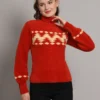 Women's rust and cream chevron fuzzy knit short-length winter sweater top with high neckline