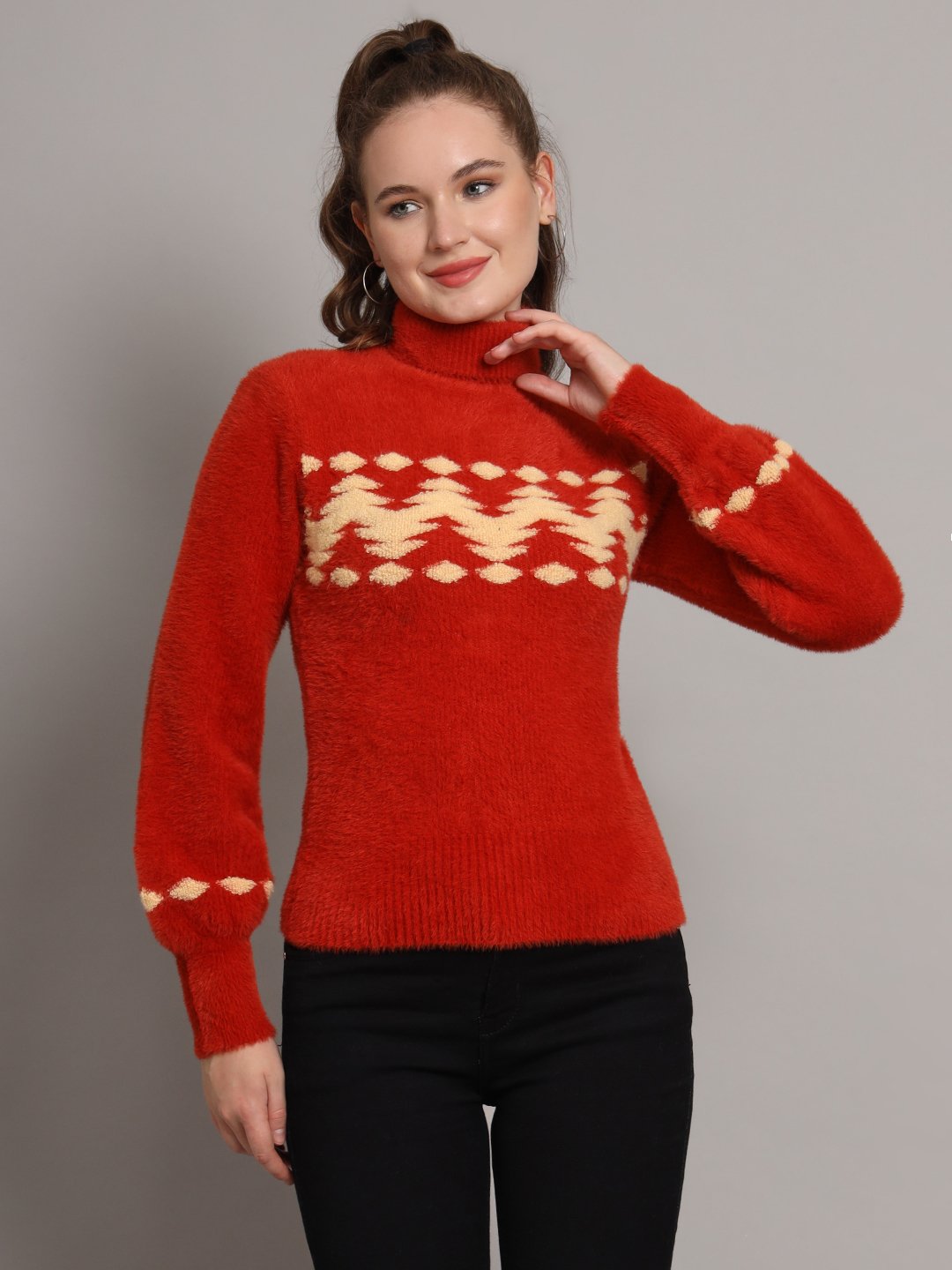 Women's rust and cream chevron fuzzy knit short-length winter sweater top with high neckline