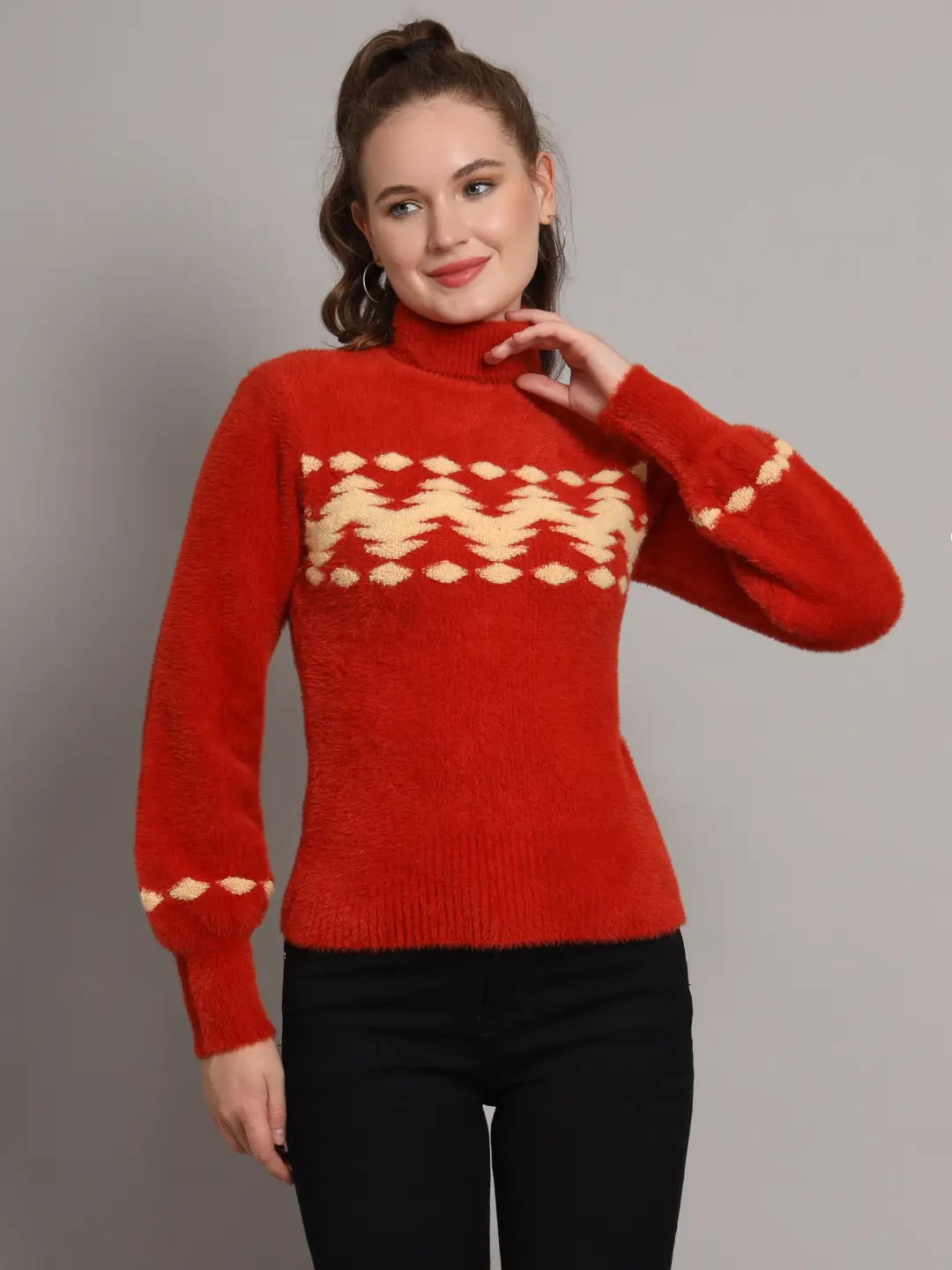 Women's rust and cream chevron fuzzy knit short-length winter sweater top with high neckline